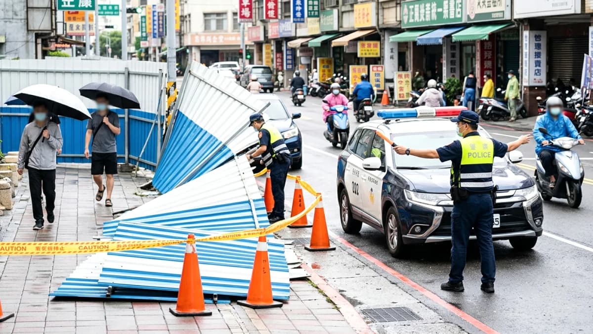 Bão Bawei gây gió giật mạnh, hàng rào công trình đổ tại Cao Hùng: Cảnh sát kịp thời xử lý