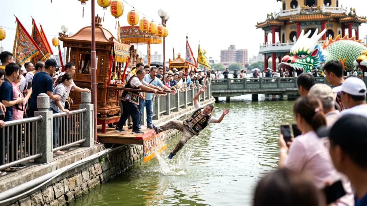 Người đàn ông rơi xuống Liên Trì Đàm trong lễ rước đền ở Cao Hùng