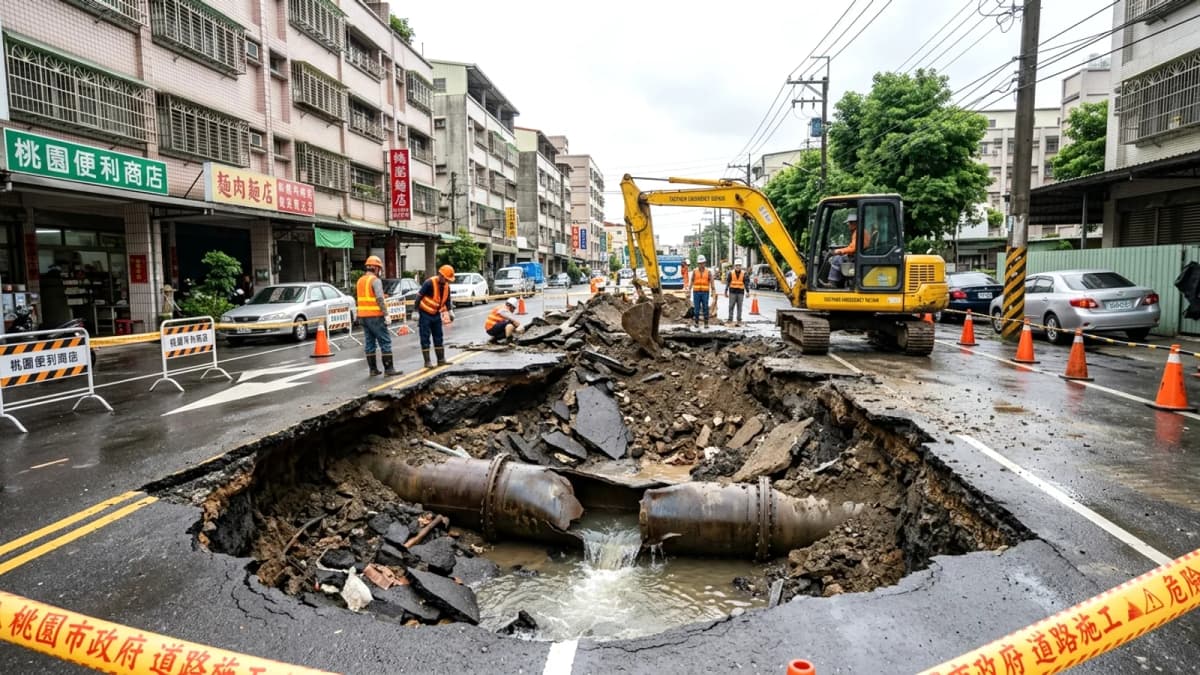Sụt lún đường tại Đào Viên do vỡ ống nước và mưa bão: Chính quyền khẩn trương khắc phục