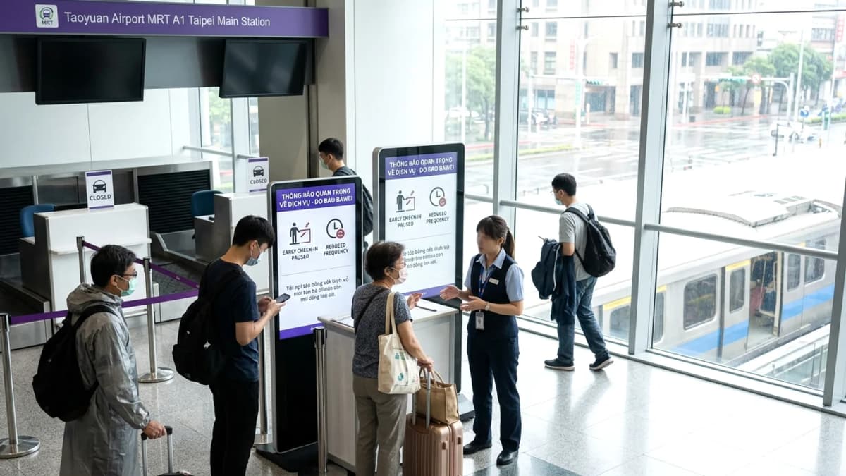 Taoyuan Airport MRT điều chỉnh dịch vụ do bão Bawei: Tạm dừng check-in sớm, giảm tần suất